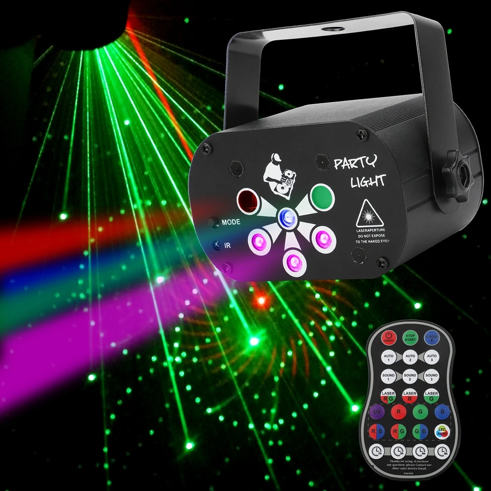 Yiflamefly RG Laser+RGB+UV LED 6-otworowa lampa imprezowa Oświetlenie sceniczne z pilotem i automatycznym sterowaniem dźwiękiem na imprezę klubową DJ