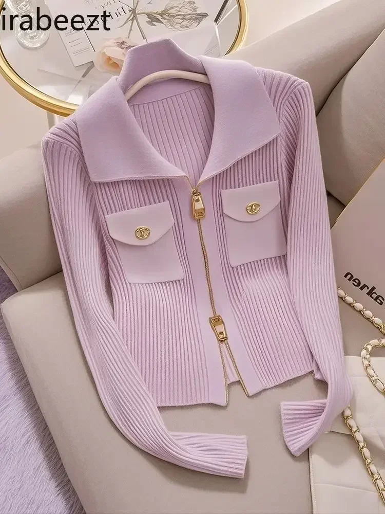 Beautiful Zipper Design French Pink Purple Knitted Cardigan Women's 2024 New Autumn Style Knitted Long Sleeve Top