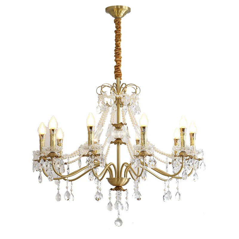 

French light luxury crystal chandelier European villa living room dining room pearl all copper
