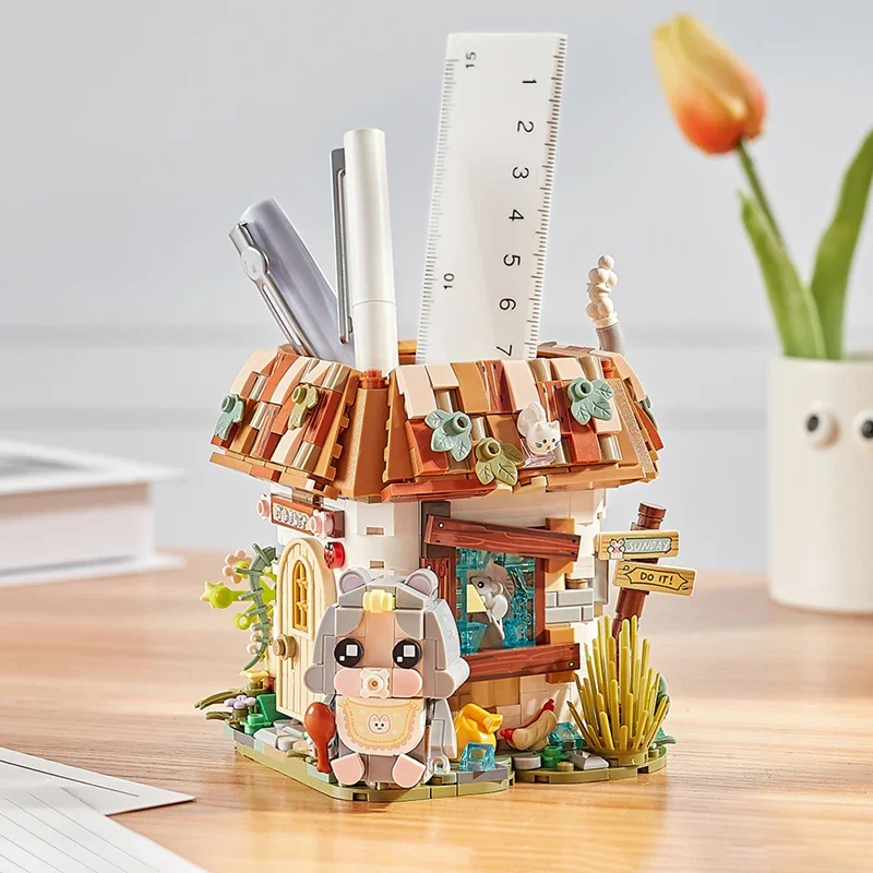 Mini Building Blocks Creative Pen Holder Small Particle Assembled Ornaments DIY Stationery Pen Holder House Model Toys Gifts