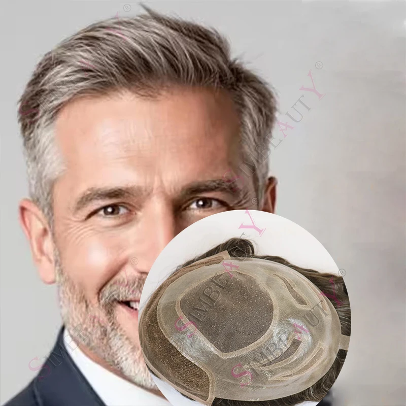 

VERSALITE Lace Front & Mono Top Male Hair Prosthesis Breathable 320# Grey 100% Natural Human Hair Toupee Men Wig Exhuast Systems