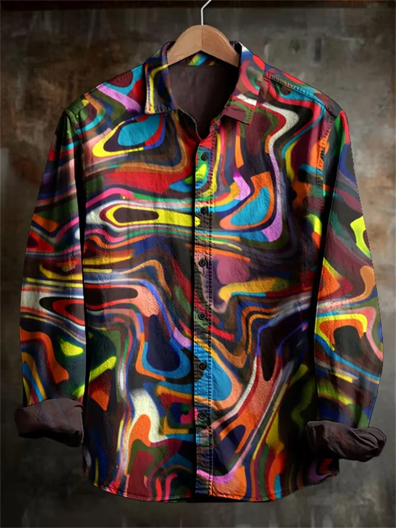 New Retro Distressed Patchwork 3D Printed Men's Long Sleeved Shirt With Antique Style Patchwork Casual Shirt