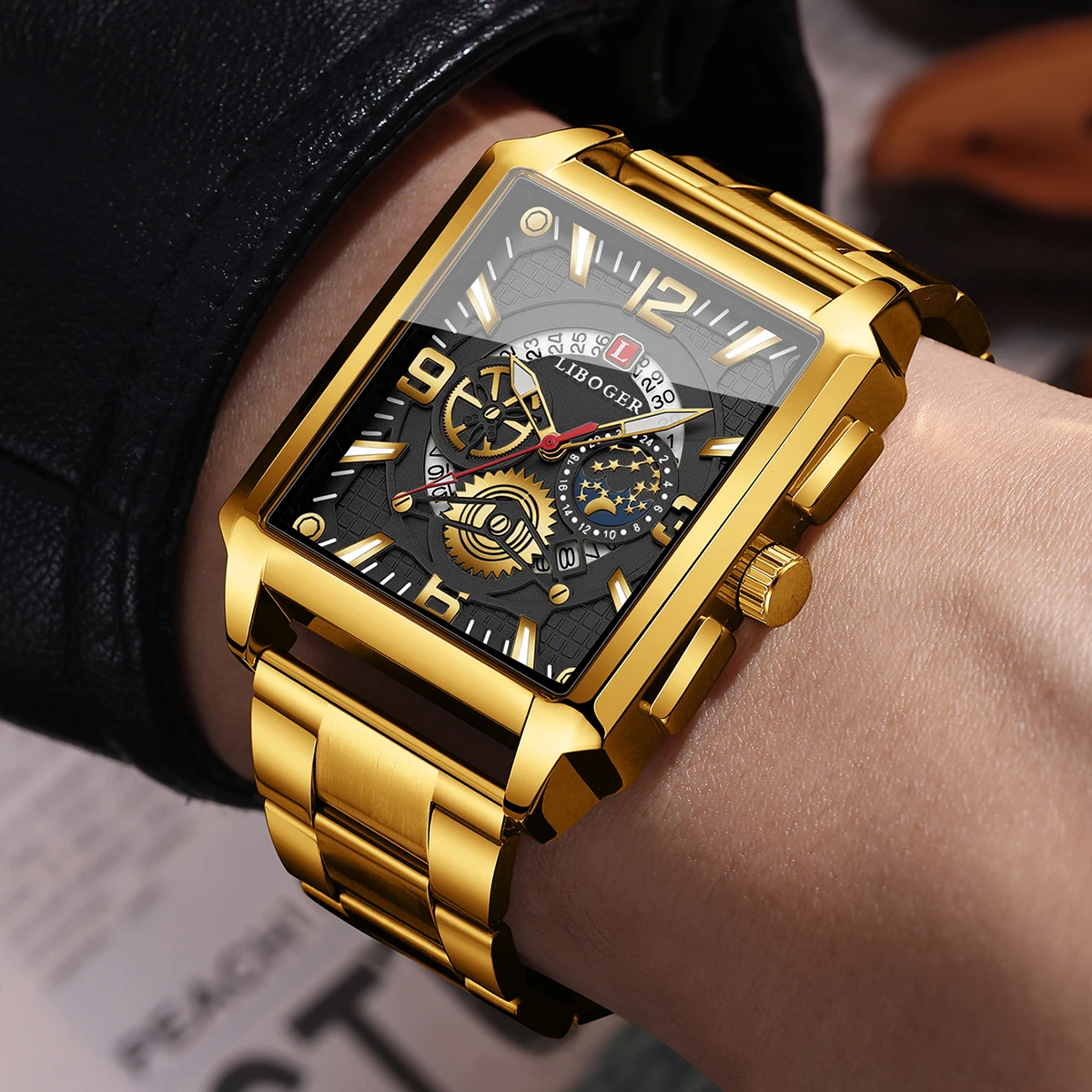 Luxury Rectangle Men Business Watches Golden Stainless Steel Band Calendar Quartz Wristwatch Relogio Masculino（Without Box）
