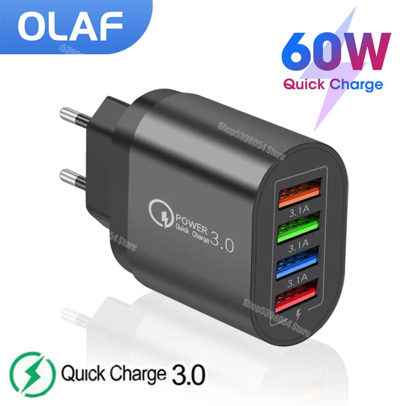 Olaf 60W USB Charger Quick Charge 3.0 Mobile Phone 4 Ports USB Fast Charger For iPhone 13 Samsung Huawei Xiaomi Charger Adapter