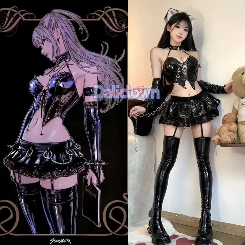 Uniforme de Reina de la ciudad del diablo de Anime, disfraz de Miss Misa para mujer, falda superior con corsé con cordones de cuero PU gótico negro Sexy para Halloween