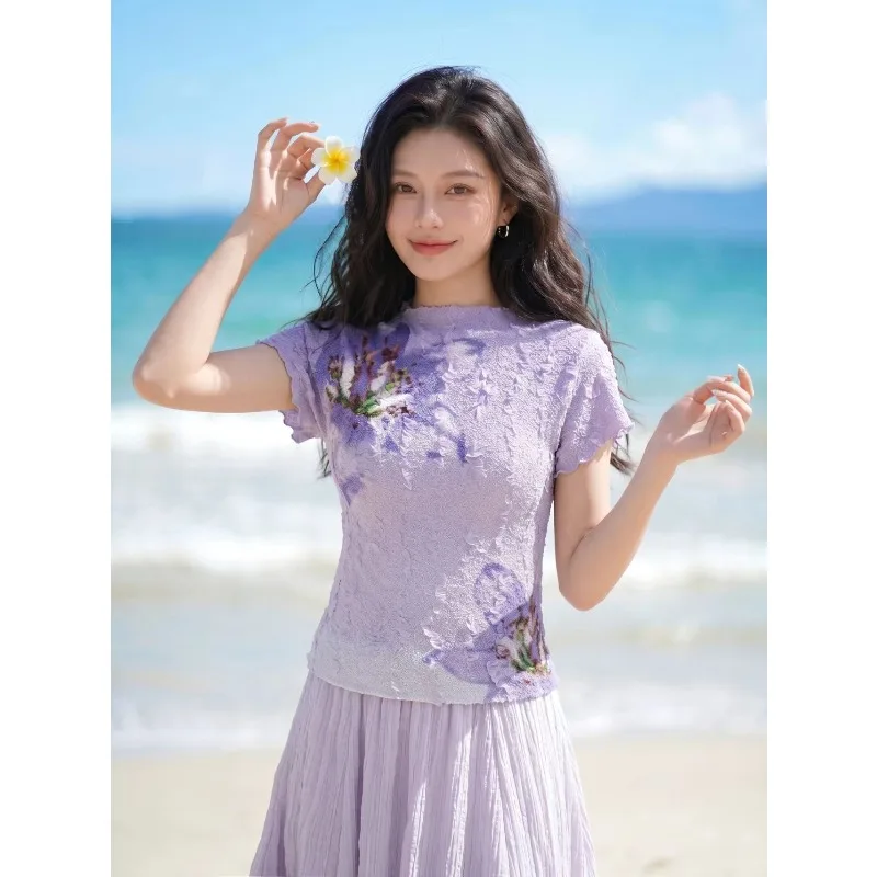 

Miyake Pleated Original Print T-Shirt 2026 Summer New Color Block Floral Gradient Print Pleats Slim Fit Versatile Fold Top Women