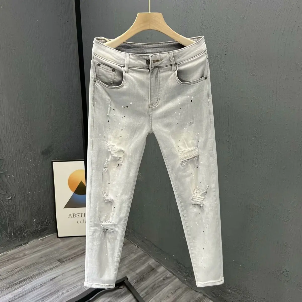 Harajuku Trendy Men's Fashion Ripped Washed Streetwear Ink-splashed Jeans Korean Slim-fit Light Gray Trousers Elastic Pants Men