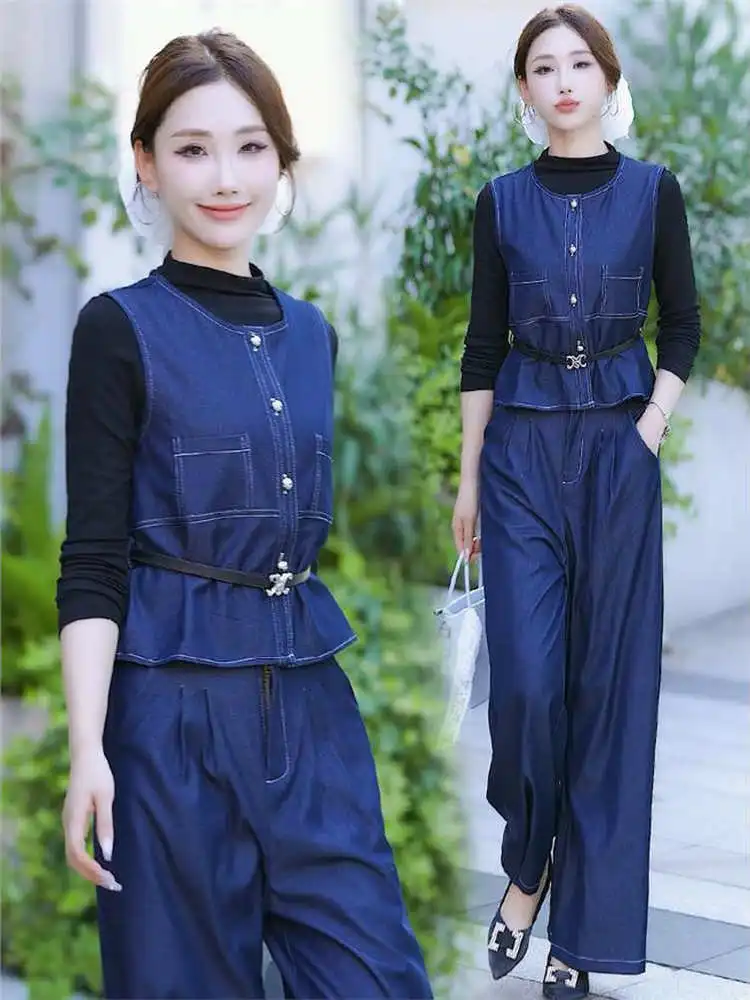 

Faionable джинсовый комплект, круглый жилет Ne Svel, широкие брюки, комплект футболок для женщин, антивозрастной утягивающий осенний Новое поступление