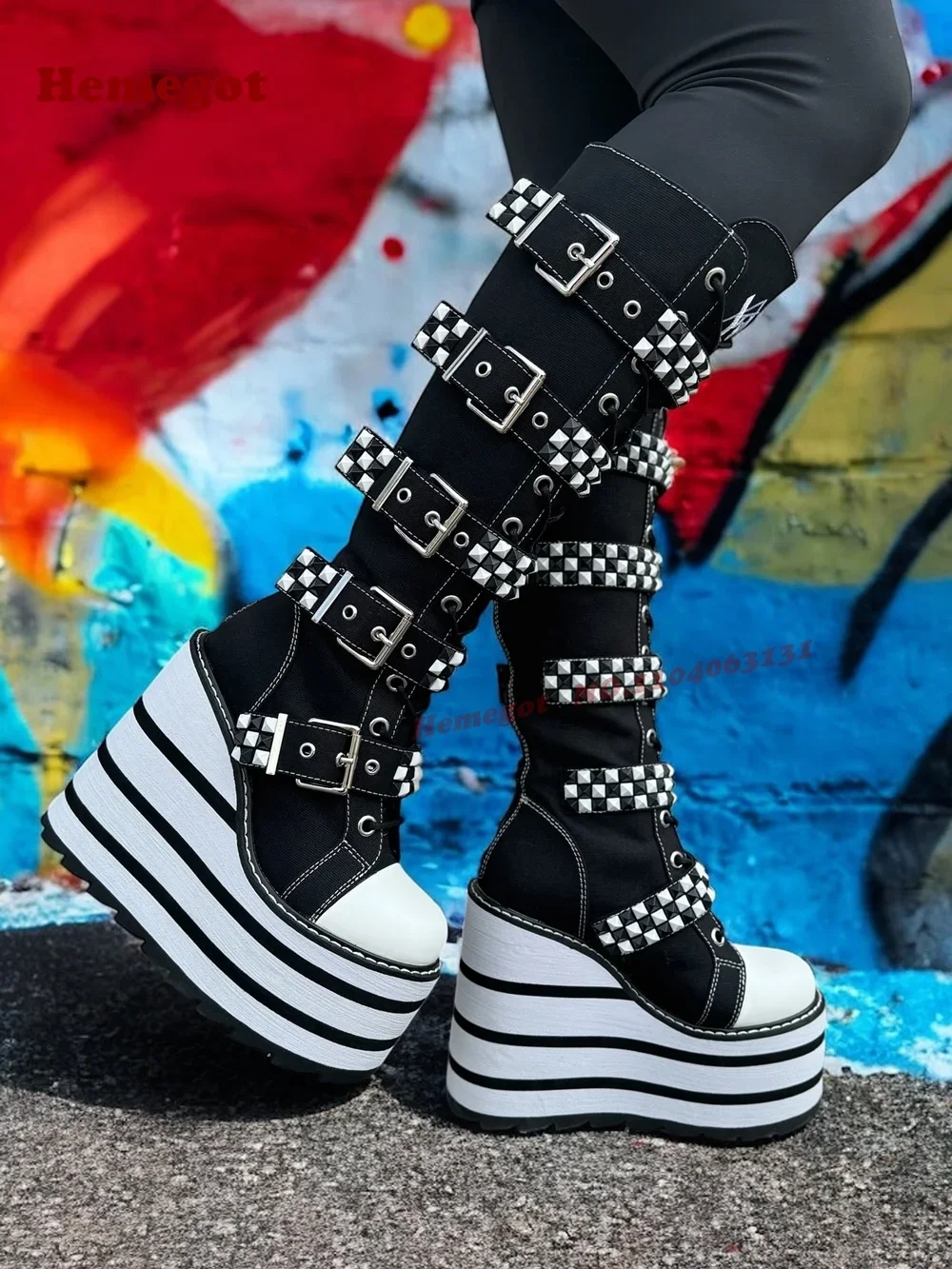 Gothic Spicy Girls Motorcycle Shoes Multi-Buckled Knee High Boots for Women Two-Tone Punk Boots Platform Wedges 2026 New Sexy