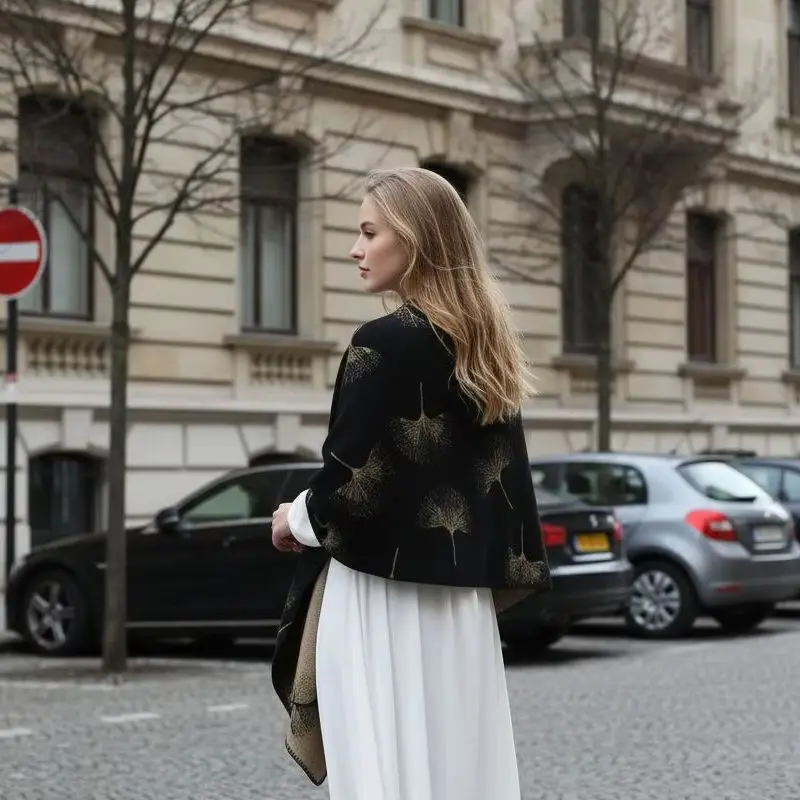 

Autumn New Vintage Cashmere Shawl Wraps Women Elegant Ginkgo Leaves Print Pattern Cardigan Color Casual Knitted Coat Top Capes