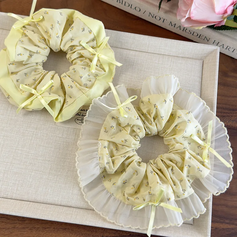 Spring Summer Garden Style Hair Accessory Cute Sweet Fabric Flower Bow Accent Hair Tie Daily Ponytail Holder for Women Party Use
