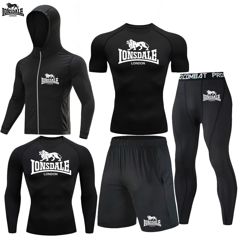 LONSDALE Мужской комплект из пяти предметов для занятий спортом на открытом воздухе, компрессионный комплект для тренажерного зала и фитнеса, спортивная одежда для утреннего бега, комплекты спортивных штанов