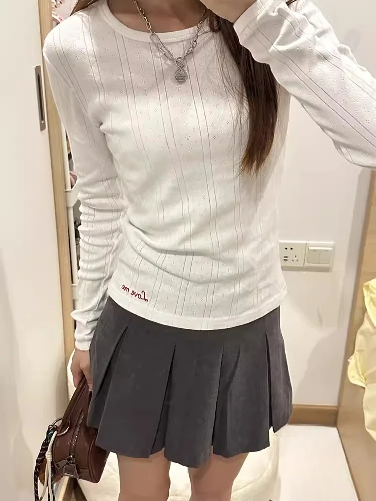 

Футболки в стиле Y2K с вышивкой букв, осенняя уличная одежда, повседневные винтажные футболки, женские облегающие футболки Harajuku с вырезами