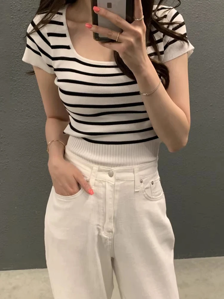 Korean Series Chic Summer New French sle Elegant Square Collar Stripe Contrast Color Slim fit Slimming Thin Short sleeve kn...