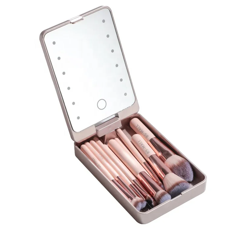 

# Hot Sales BS-MALL 2024 Portable Travel Makeup Brushes 14PCS Pink Gold Custom Logo Makeup Brushes With LED Mirror Case