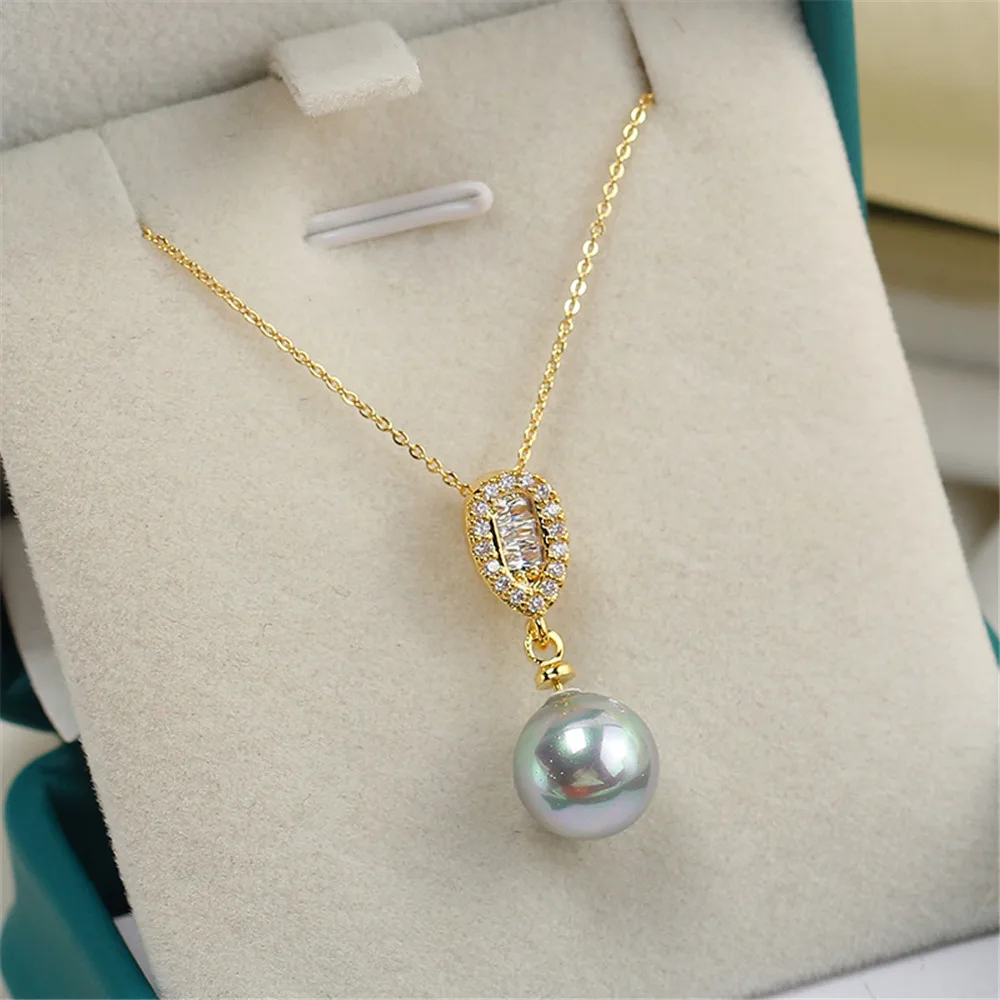 

14K Gold Injection Teardrop Shape Simple Atmospheric Inlay Zircon Pearl Pendant Necklace Empty Support DIY Accessories Women