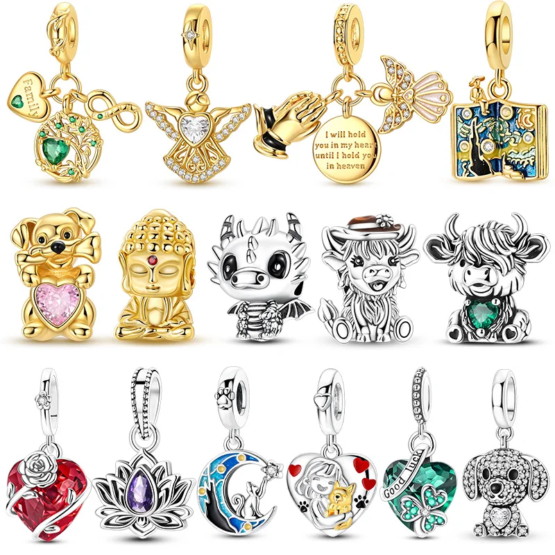 925 Sterling Silver Charms Beads Fit Bracelet Diy Golden Tathagata Buddha Lotus Highland Cattle Pendant For Woman Jewelry