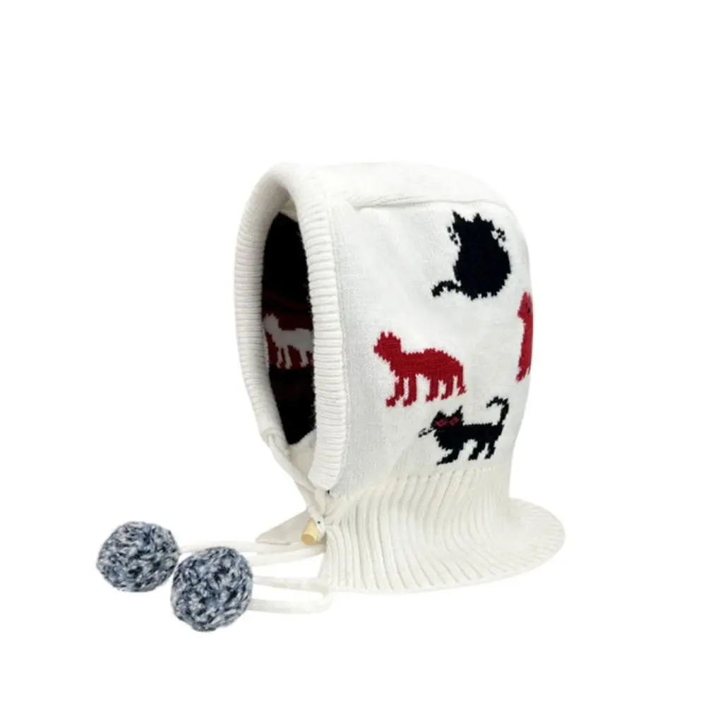 Pullover Mütze Jacquard Sturmhaube Mütze Rotes Kätzchen Gehörschutz Mütze Hornknopf Beanie Katzenmuster Strickmütze Winter/Herbst