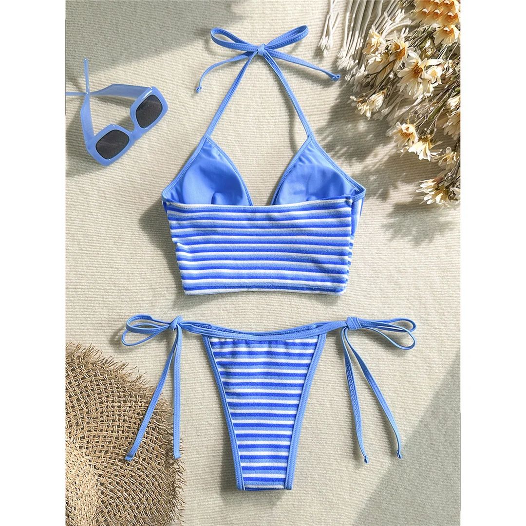 Gestreifter Tankini mit V-Ausschnitt, Damen-Bikini, zweiteiliger Badeanzug, gepolsterter Badeanzug, Badebekleidung, V8385 – Detail 9