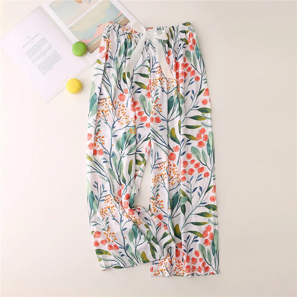 Summer Sleepwear Women Pants Pajama Printed Wide Leg Sleep Bottoms Cotton Pants Calf-Length Pants Elastic Waist Casual Clothes