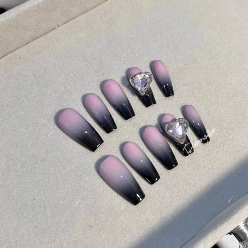 European American Hot Girl Style Fake Nails Two Colour For Set Grey Black Pink Gradient Smudge Long T Girl's False Nails Sticker