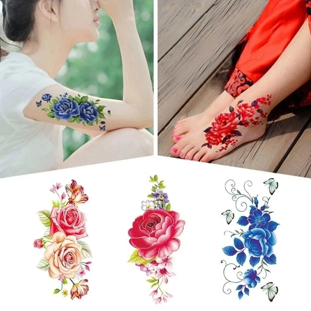 

Rose Butterfly Flower Temporary Tattoo Stickers Waterproof Lotus Green Leaf Butterfly Tattoo Stickers Long Lasting Personalized