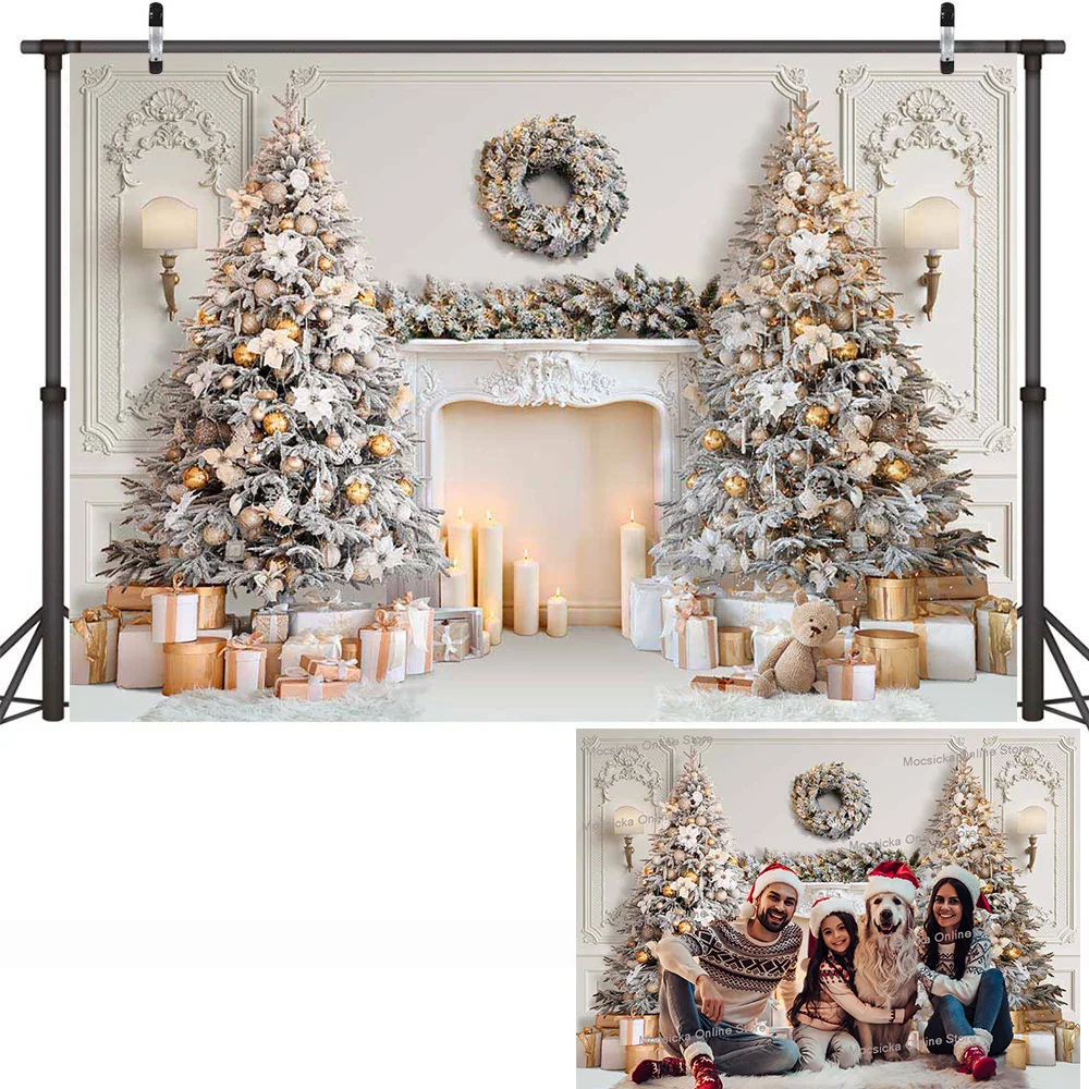 3D White Christmas Room Family Party Background Fireplace Retro Door Xmas Tree Birthday Portrait Backdrops Photography Studio