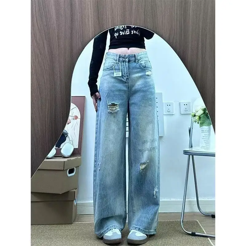 

American Sle High Waist Loose Straight Leg Jeans Women's Autumn New Hole Punching Floor Length Trousers Casual Cotton Polye...