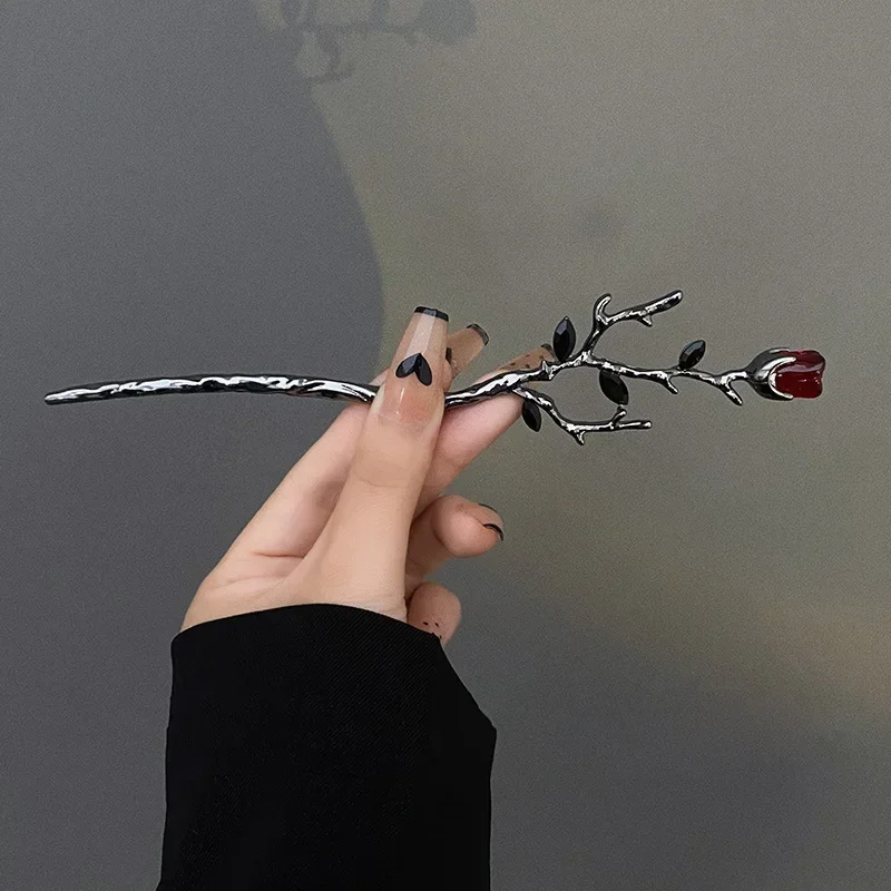 New Vintage Rose Hair Sticks Hairwear for Women Simple Flower Black Red Hairpin Hair Chopstick Disk Hairstick Headdress Jewelry