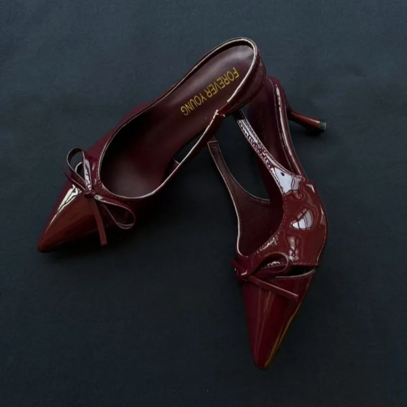 Women Pointed Toe Sandals Slingback Heels Bow Detail Patent Leather Party Wedding Shoes New Elegant Sexy High Heels Sapatos