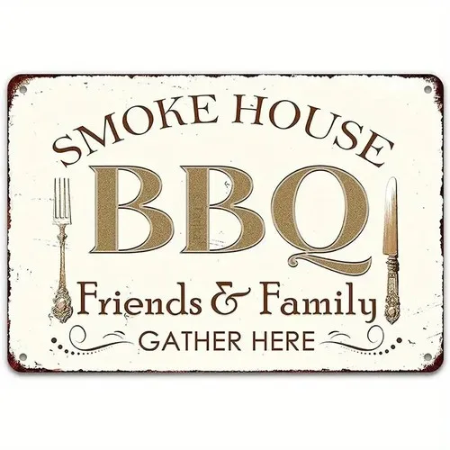 Smoke House BBQ Friends & Family Gather Here Vintage Novelty ; Metal Sign