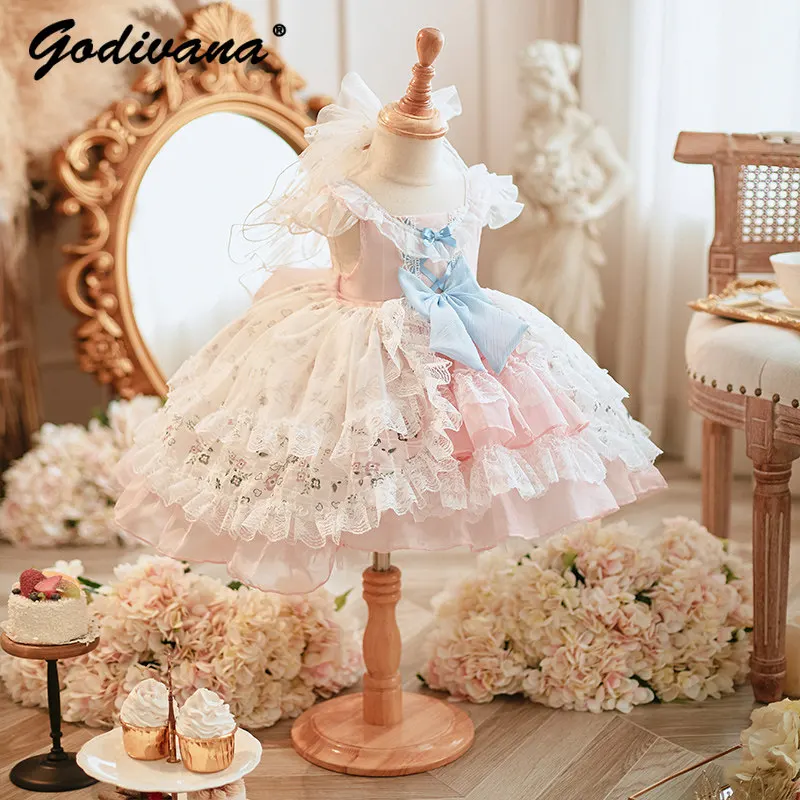 Girls Sweet Pink Lolita Princess Dress Babys First Birthday Gown Kids High-end Summer New Luxury Bow Lace Mesh Floral Tutu Dress