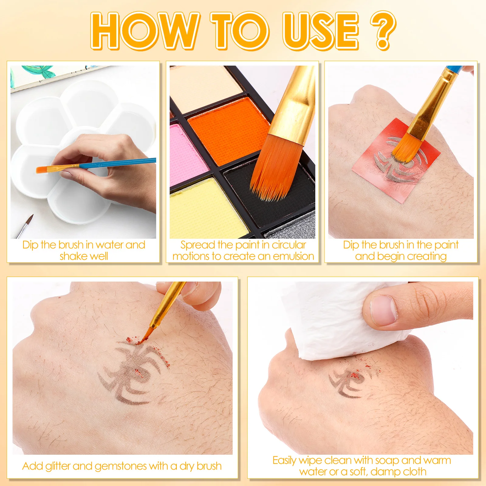 15/54 Color Face Painting Kit Water Activated Face Paint Palette Facepaint Makeup Kit with Brush Face Painting Set for Kid Adult