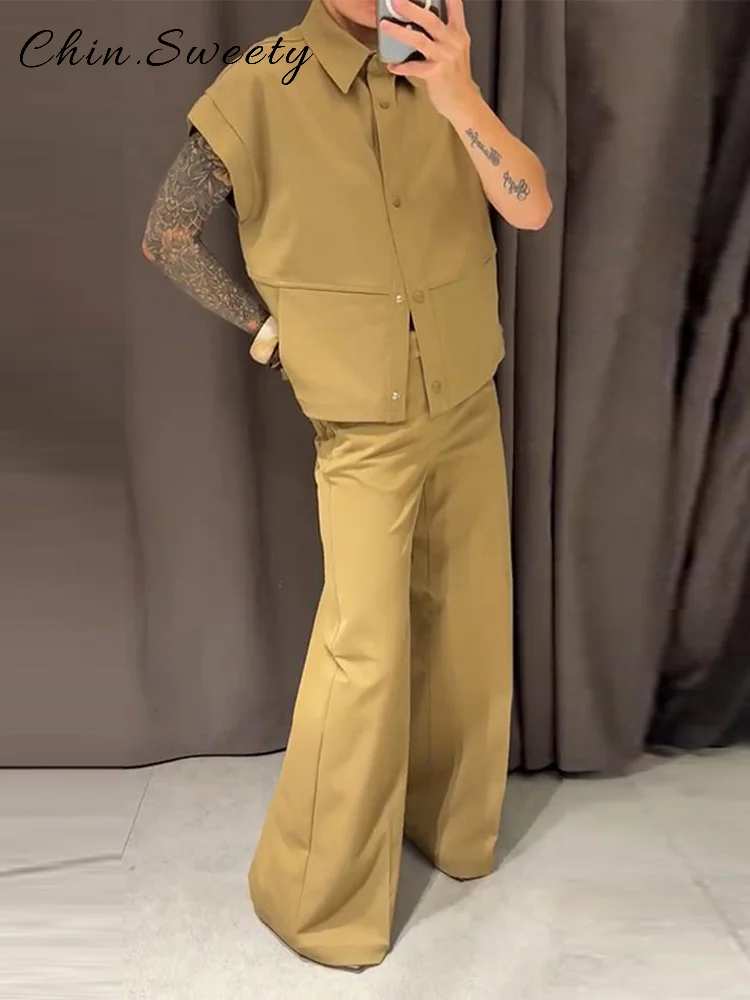 

Street Single Breasted Suit Jacket Women Lapel Half Sleeve Pockets Jackets Straight Wide Leg Pant 2025 Autumn Lady Chic Outfits