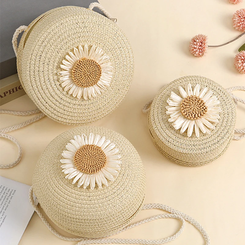 

Travel Beach Straw Bags for Girl Summer Cute Flower Woven Crossbody Bags Mini Zipper Kids Princess Messenger Bags Photo Props