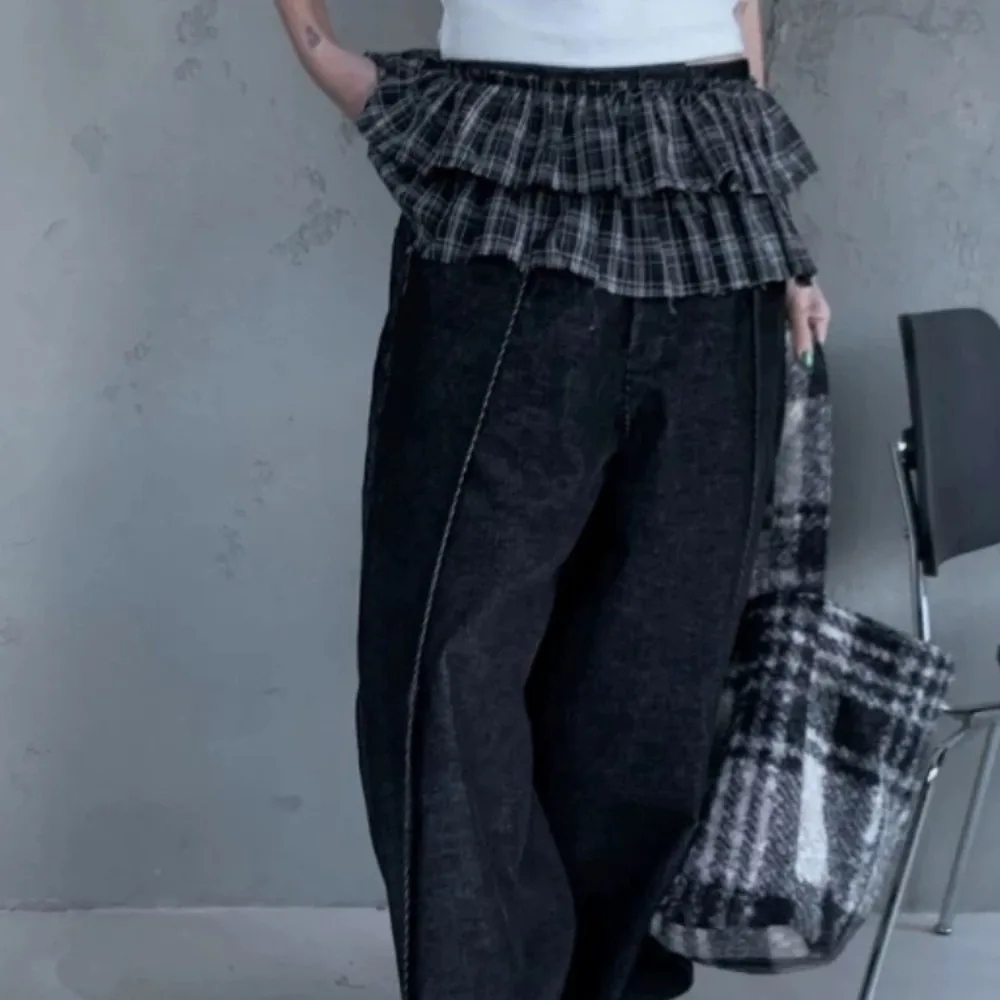 الهيب هوب طبقة وتتسابق منقوشة تنورة الحلو Y2K الدانتيل يصل وشاح الورك الكورية نمط قميص موسع تكدرت حافة زنار