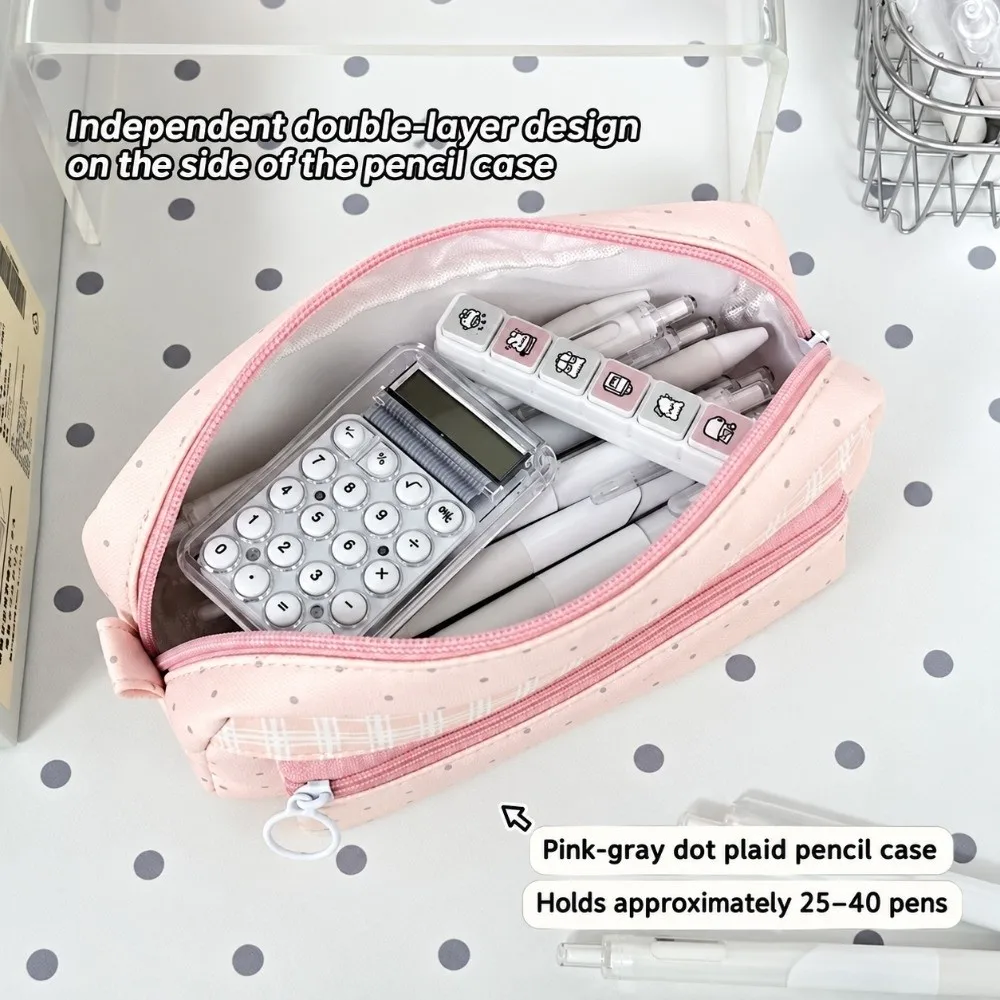 Cute Polka Dot Print Pencil Pouch Multi Compartment Plaid Splicing Pen Bag Large Capacity Stationery Storage Bag Students