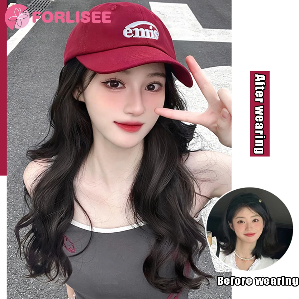 FORLISEE 19 Inch Large Wavy Long Curly Hair Paired With A Red Baseball Cap Synthetic Baseball Cap Wig Fashion Fluffy Cap Wig