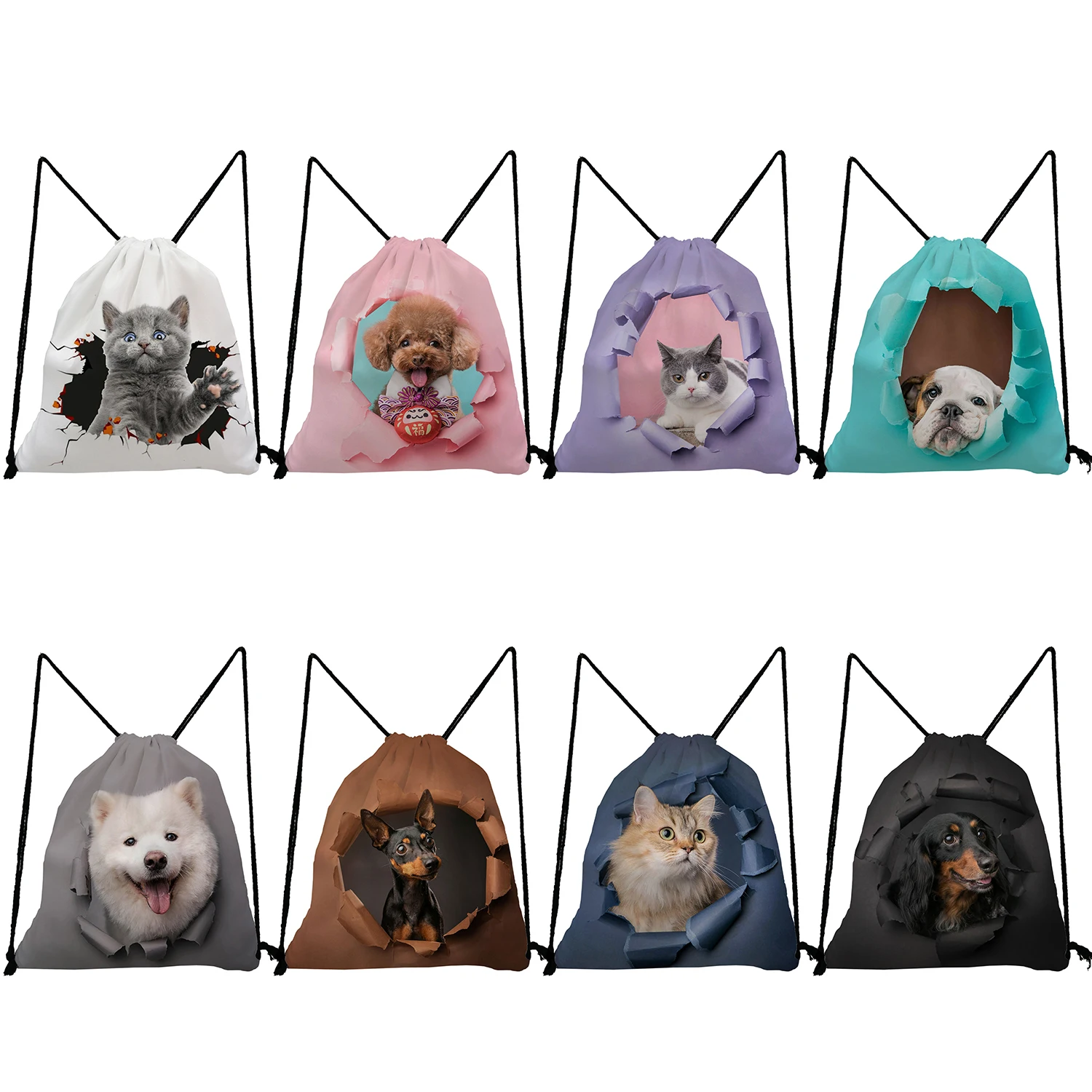 

Teenager Girls Bookbag Custom Pattern Design Travel Beach Softback Bag Cartoon Animal Drawstring Bags 3D Hole Cats Dogs Backpack