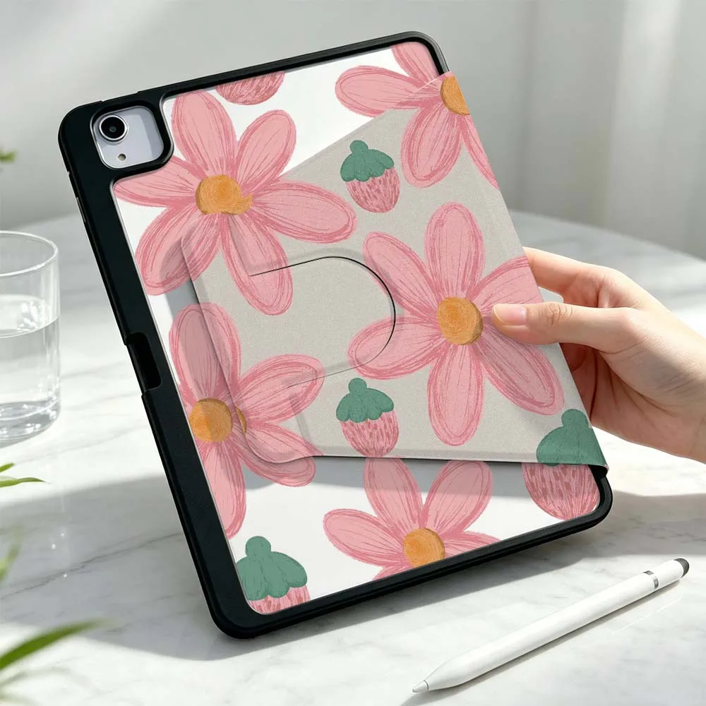 Pink Flower Strawberry Soft For iPad Pro Air mini 6 5 4 12th M5 M4 M3 M2 A16 A17Pro 360° Rotation Stylus Storage Tablet Case