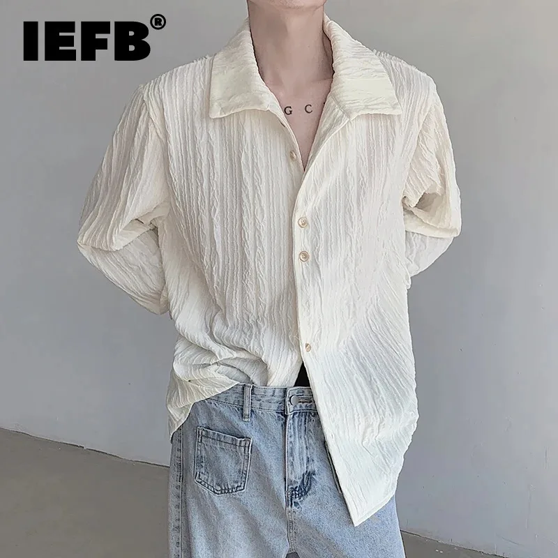 

IEFB Men's Shirt New Stand Collar Long Sleeve Single Breasted Solid Color Versatile Top Autumn Fold Design Male Clothing 9C5878