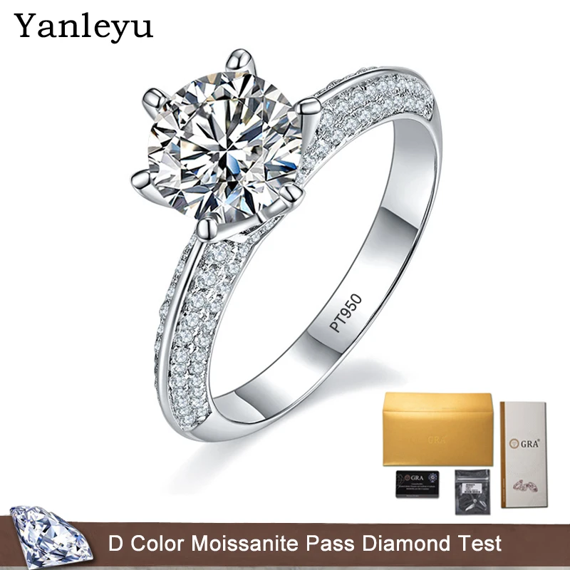 

Yanleyu Luxury Platinum PT950 Rings Sparkling Diamond 1CT 2CT VVS1 D Color Moissanite Rings Wedding Band Jewelry for Women