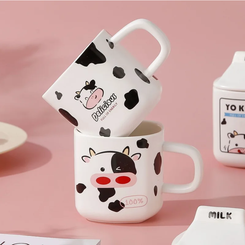 New Arrival Cute Cow Ceramic Coffee Mug With Lid And Straw Creative Milk Coffee Cup Wonderful Gift For Girls Drinkware Wholesale