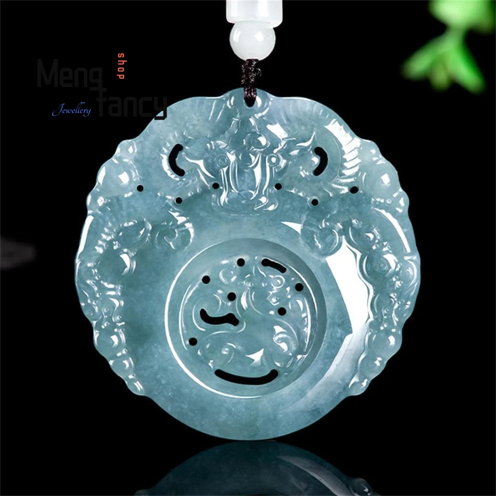 

Natural A-goods Jadeite Blue Water Hollow Three Sheep Kai Tai Jade Pendant Exquisite High-grade Fashion Jewelry Holiday Gifts