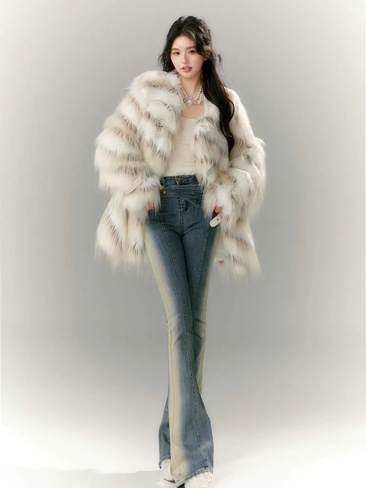 Color Matching Fox Fur Environmental Fur Wool Coat Female 2023 New Thick Young Mid-Length Long Sleeve Coats Fashion Leg Warmer