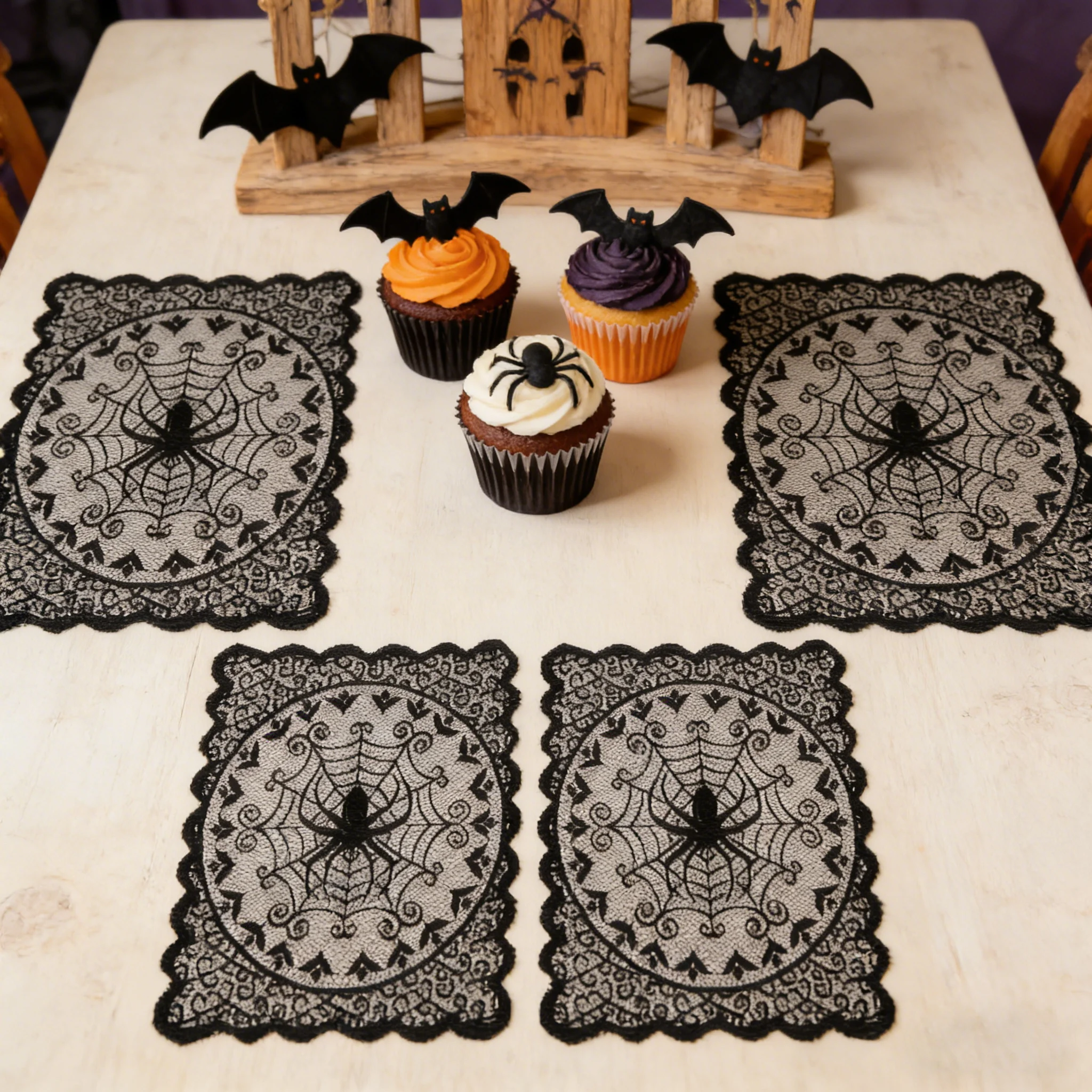 4Pcs Dark Gothic Spider Pattern Table Mats Halloween Party Lace Wave Edge Universal Table/Decor Mat