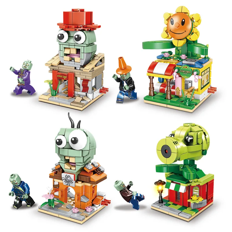 Plants Vs. Zombies Assemble Small Particle Building Blocks To Form Plants Big Street View Boys Girls Puzzle Handmade Toy Gift