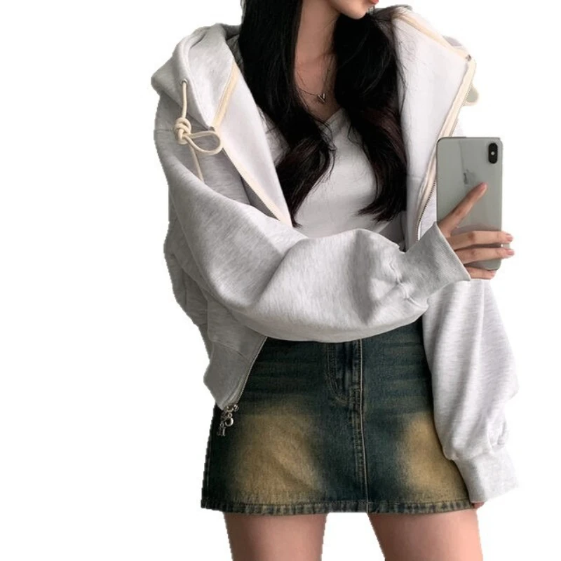 Sweatshirts Women Coats Short Coat Zipper Full Sleeve Hooded Y2k Streetwear Elegant Splice Open Stith Jackets Autumn Winter