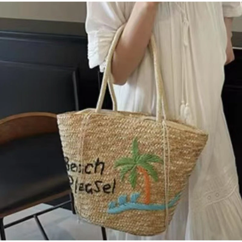 Kokosnuss-Stickerei Strohgewebte Strandtasche, Große Kirsch-Tragetasche, Damen Sommer Casual Urlaubstasche mit Schriftzug – Detail 7