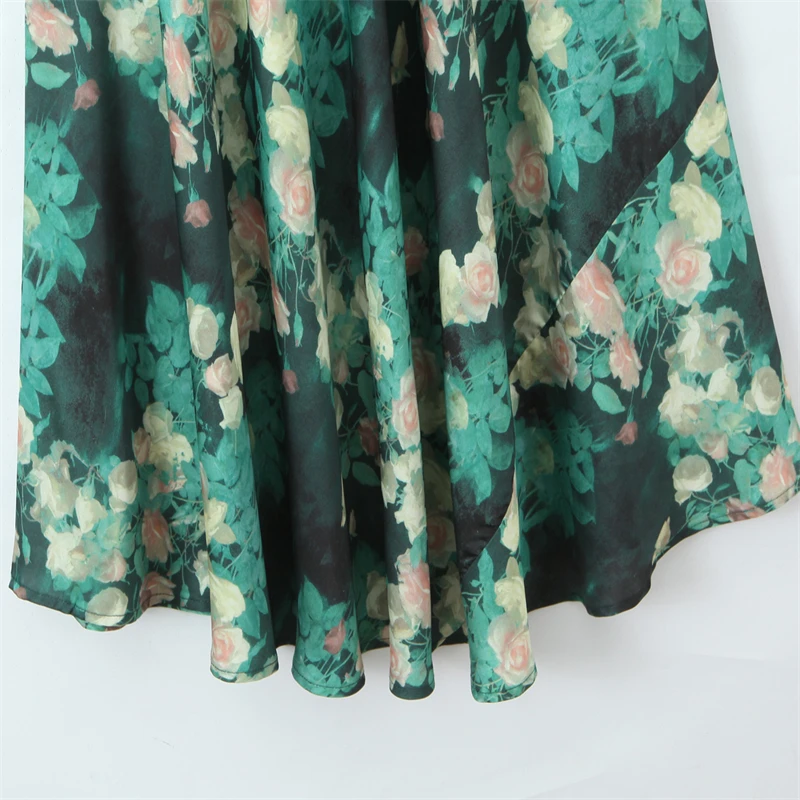 Abito da donna con stampa floreale verde scuro, abito da festa elegante midi in raso con scollo a V senza maniche, adatto a tutte le stagioni